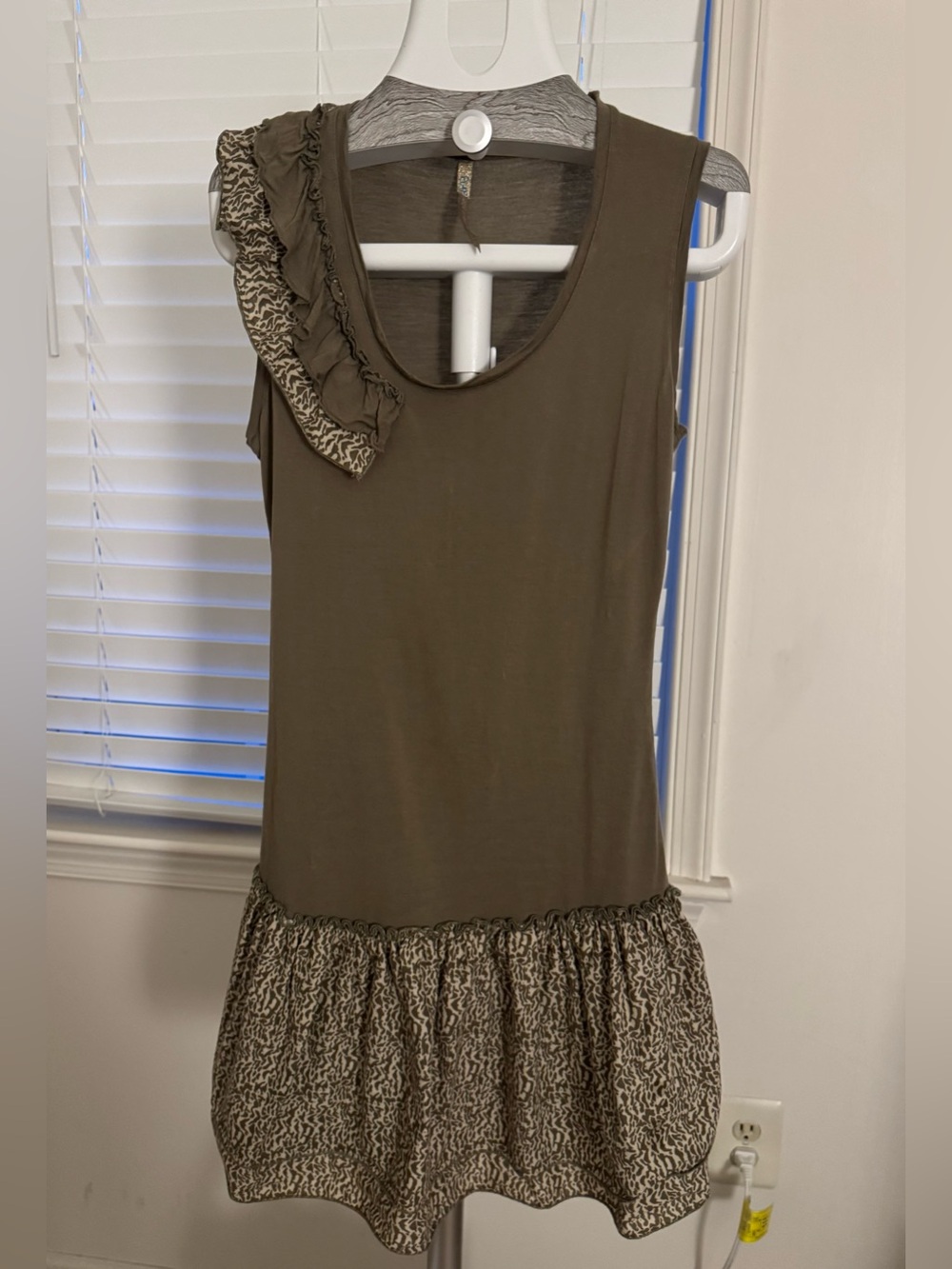 Sleeveless Olive Dress with Animal Print Ruffle